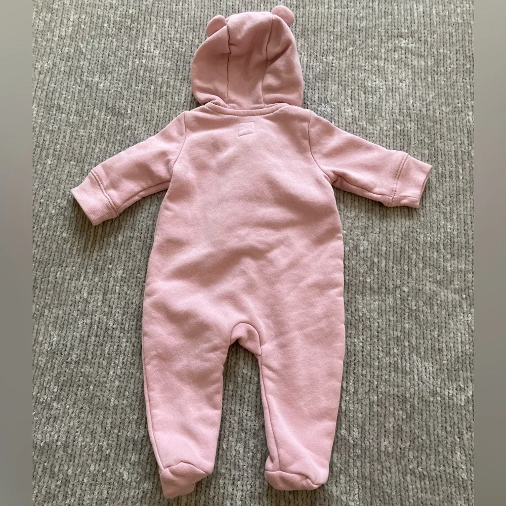GAP Baby Pink Logo Footed Hoodie Jumpsuit Newborn Bear Ears Zip Up
